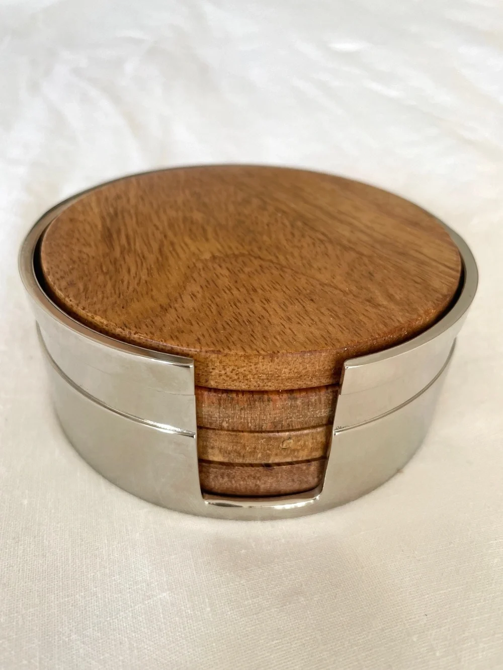 4 Natural Wood Coasters in Silver Color Container Minimalist Wabi Sabi
